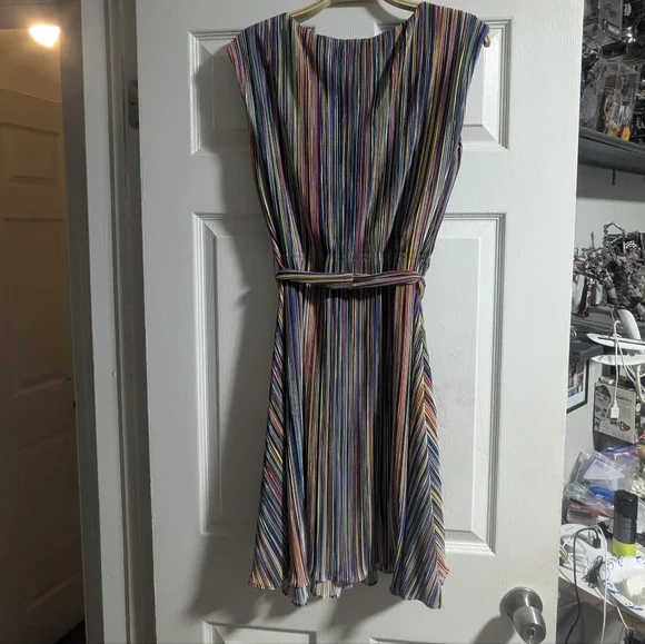 DKNY Vibrant Striped Fit And Flare Dress W/ Belt - Picture 4 of 9
